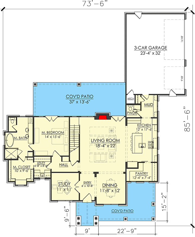 Plan 421545CHD: Modern Farmhouse Plan with Study and Back Porch - 2557 Sq Ft - Floor Plan - Main Level - Country, Modern Farmhouse, New American, Transitional