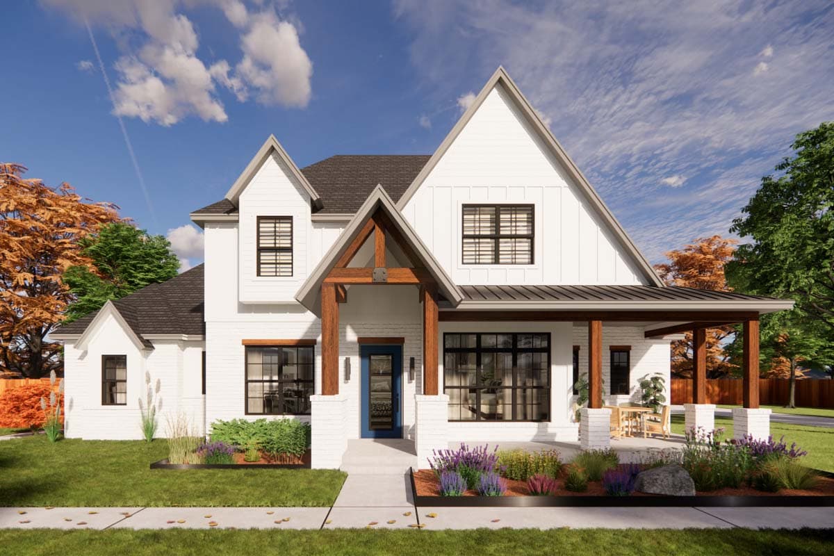 House plan exterior rendering. Two-story Modern Farmhouse with gables, a covered porch, and a shed roof over the porch.