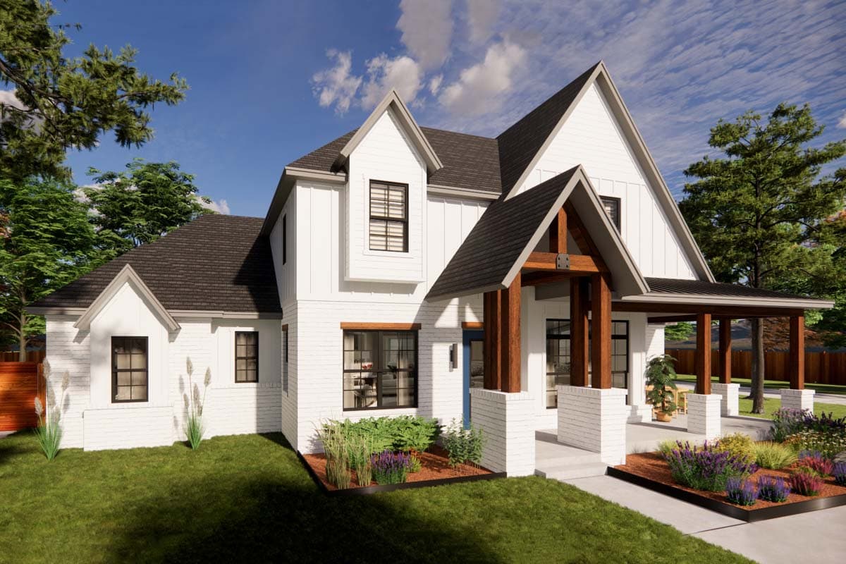 Modern Farmhouse house plan exterior with white brick, board and batten siding, prominent gables, and a covered porch with timber supports.