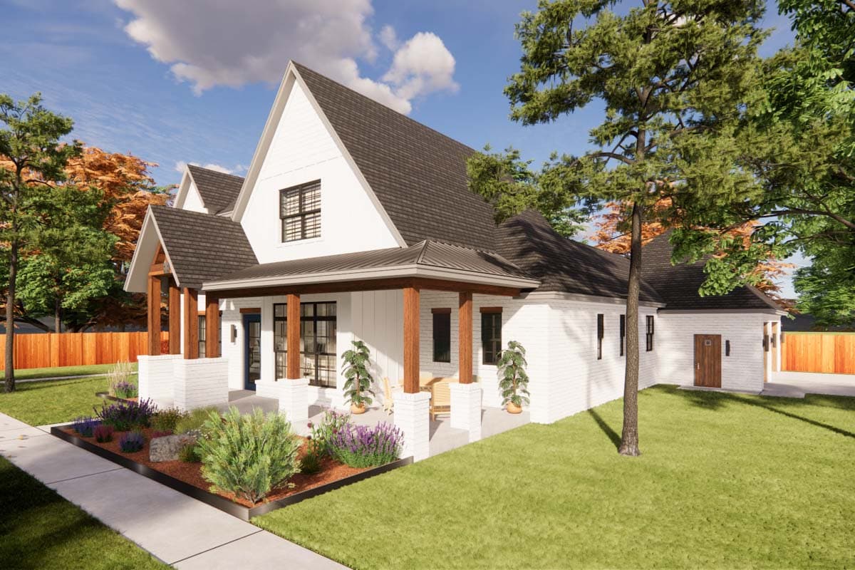 Modern Farmhouse house plan exterior with gabled rooflines, covered front porch with wooden posts, and white brick facade.