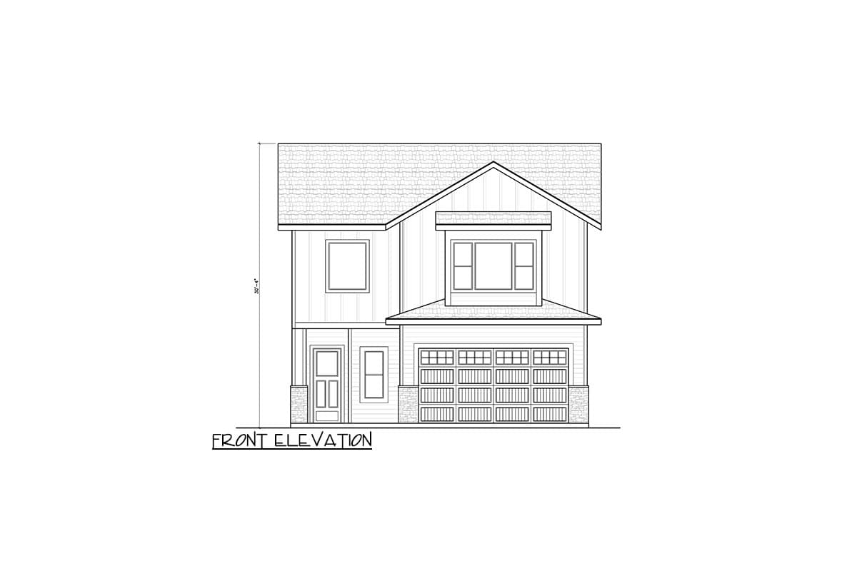 Front elevation of a two-story house plan with a prominent gable, double garage doors, and stone accents.