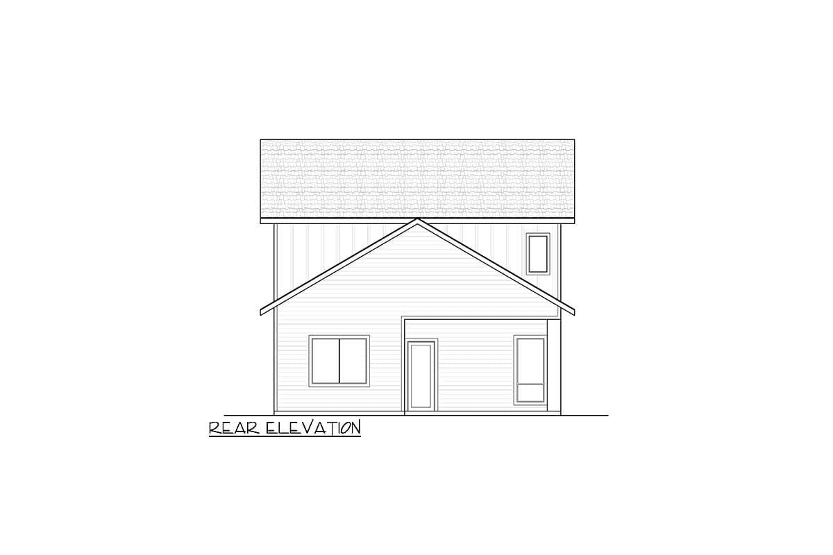 Rear elevation drawing of a two-story house plan, showing siding, gabled roof, and three windows.