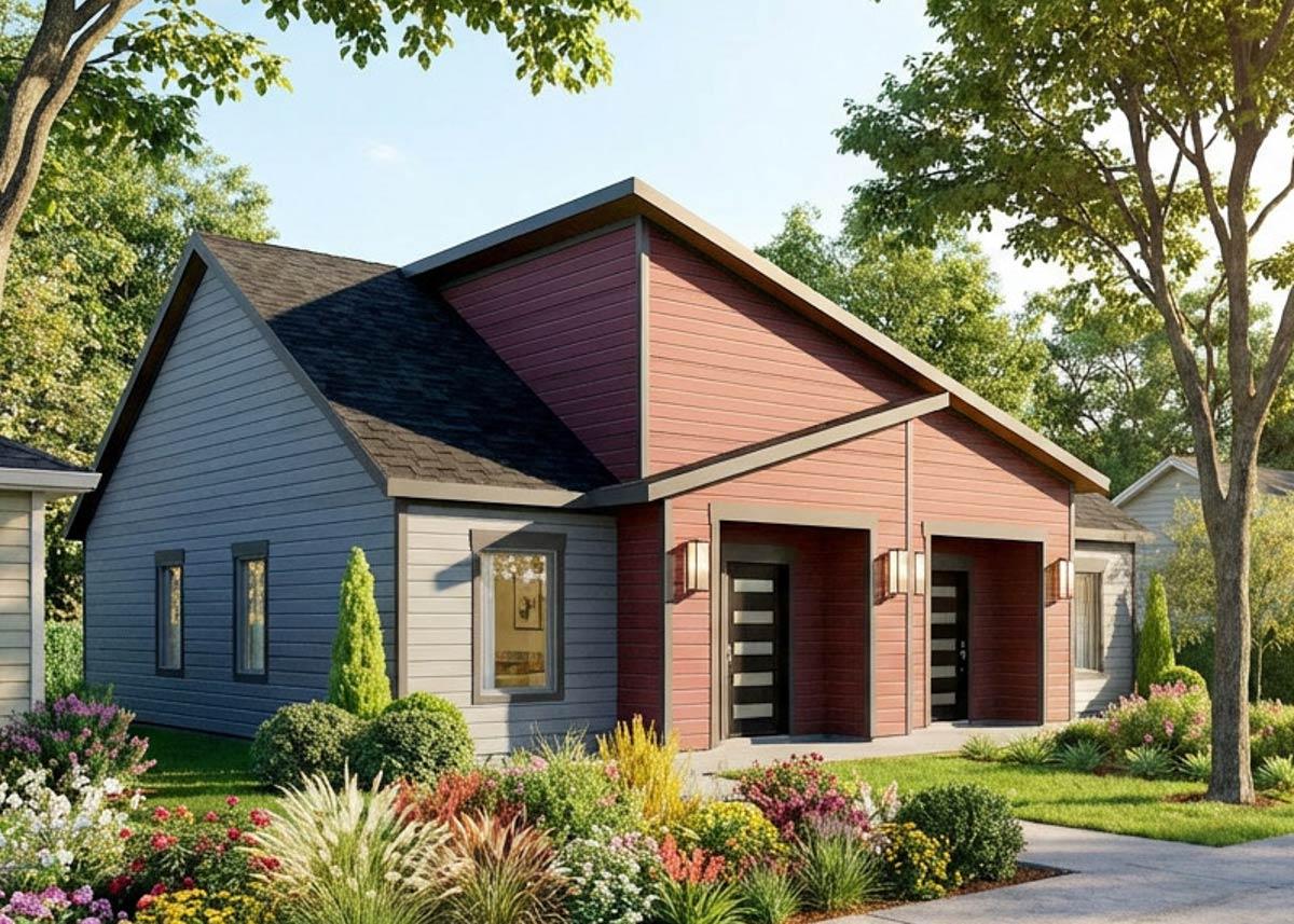 House plan exterior with a Modern Farmhouse style, two stories, gabled roofs, and double garages.