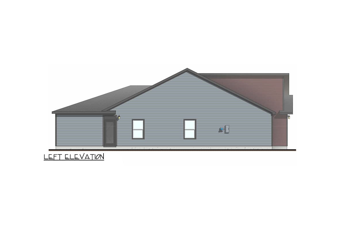 Left elevation house plan showing a single-story structure with vinyl siding, two windows, a door, and gabled rooflines.