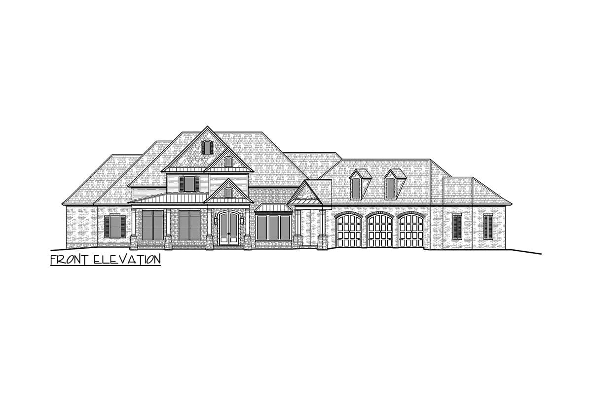 Front elevation drawing of a two-story house plan with multiple gables, a covered front porch, and a four-car garage.