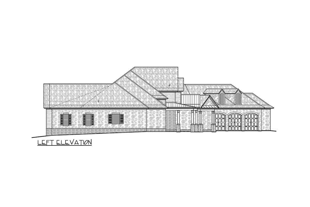 Left elevation of a house plan featuring a complex roofline, dormers, a covered porch with columns, and a three-car garage.