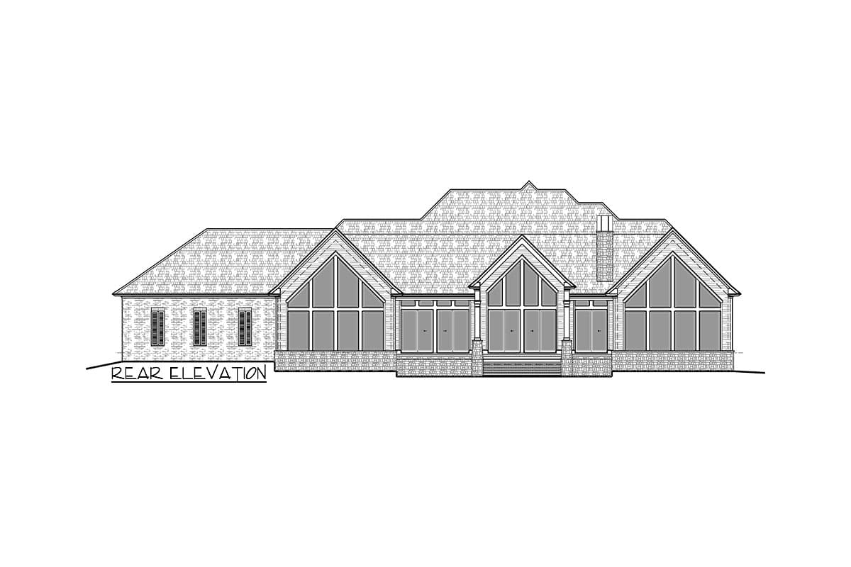 Rear elevation drawing of a single-story house plan with multiple gables, large windows, and a brick base.