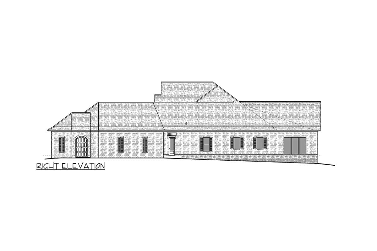 Right elevation house plan showing a brick building with multiple gables, a central entrance, and various window styles.