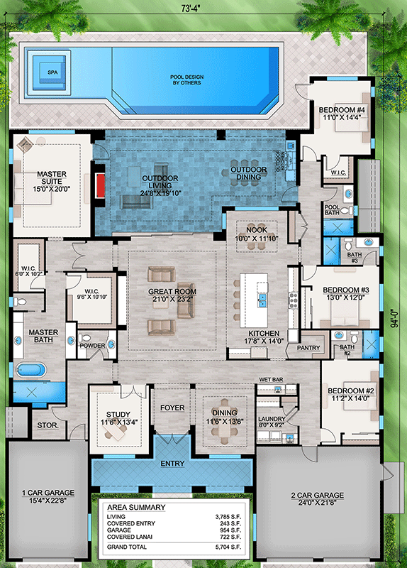 Plan 86115BW: 4 Bed Coastal Contemporary House Plan with 3-Car Garage - 3785 Sq Ft - Floor Plan - Main Level - Coastal Contemporary, Florida-Style, Mediterranean, Transitional
