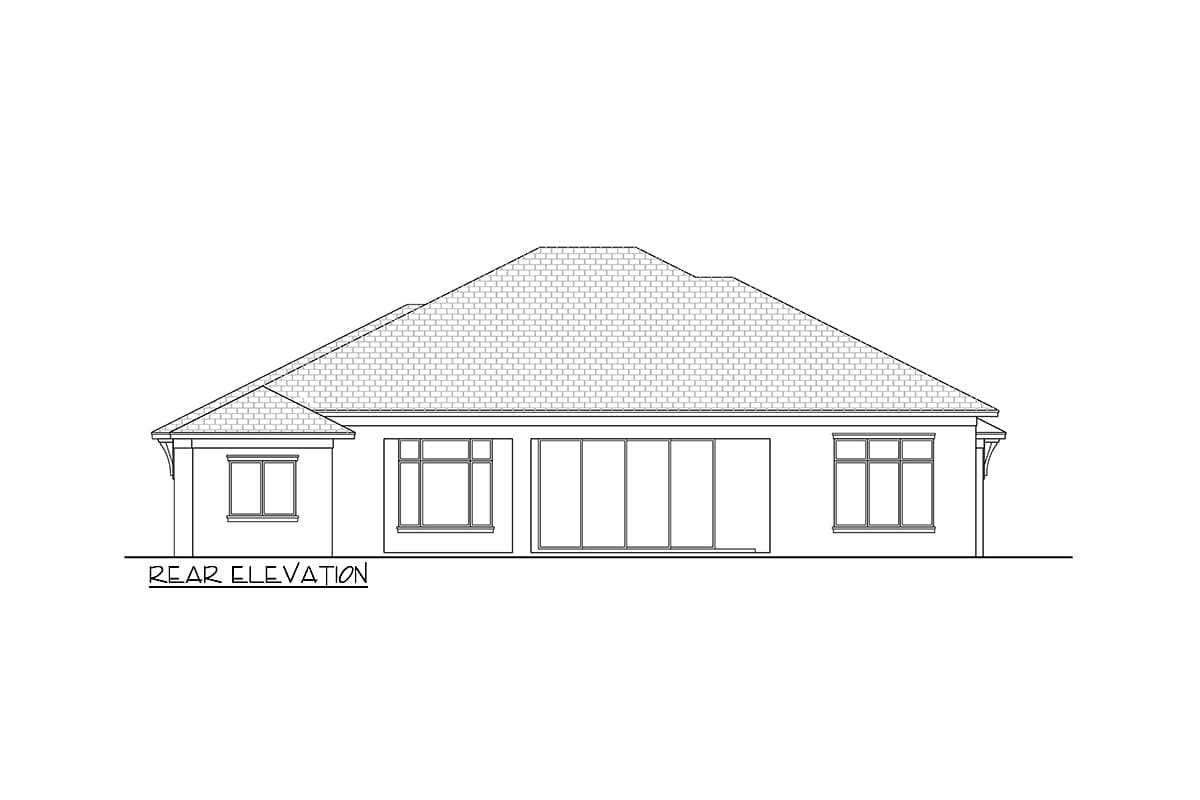 Rear elevation house plan drawing showing a single-story home with a hipped roof and large sliding glass doors.