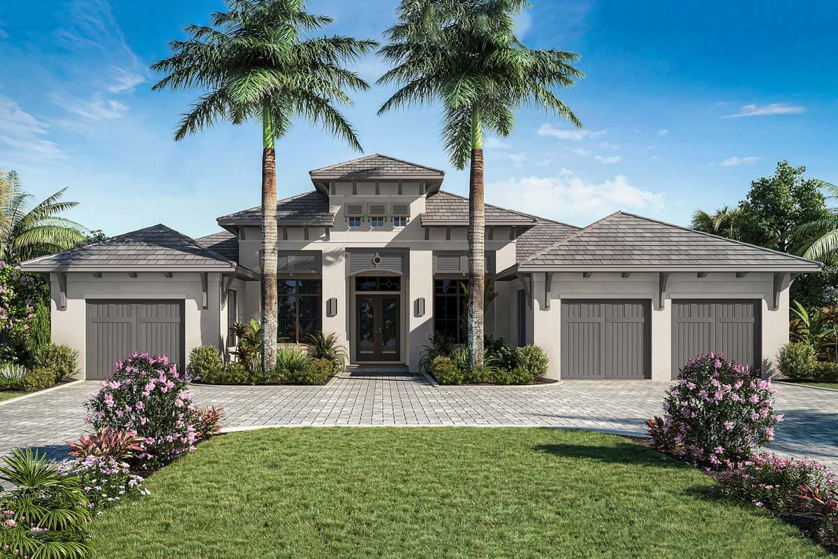 House plan exterior. One-story design with a hip roof, dual garage doors, and a covered entry. Palm trees flank the entryway.