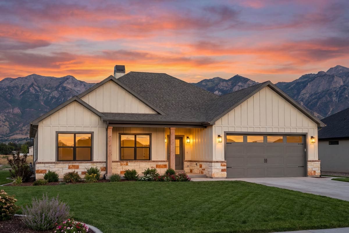 Modern Farmhouse style house plan exterior. One story with board and batten siding, stone accents, covered porch, and a two-car garage.