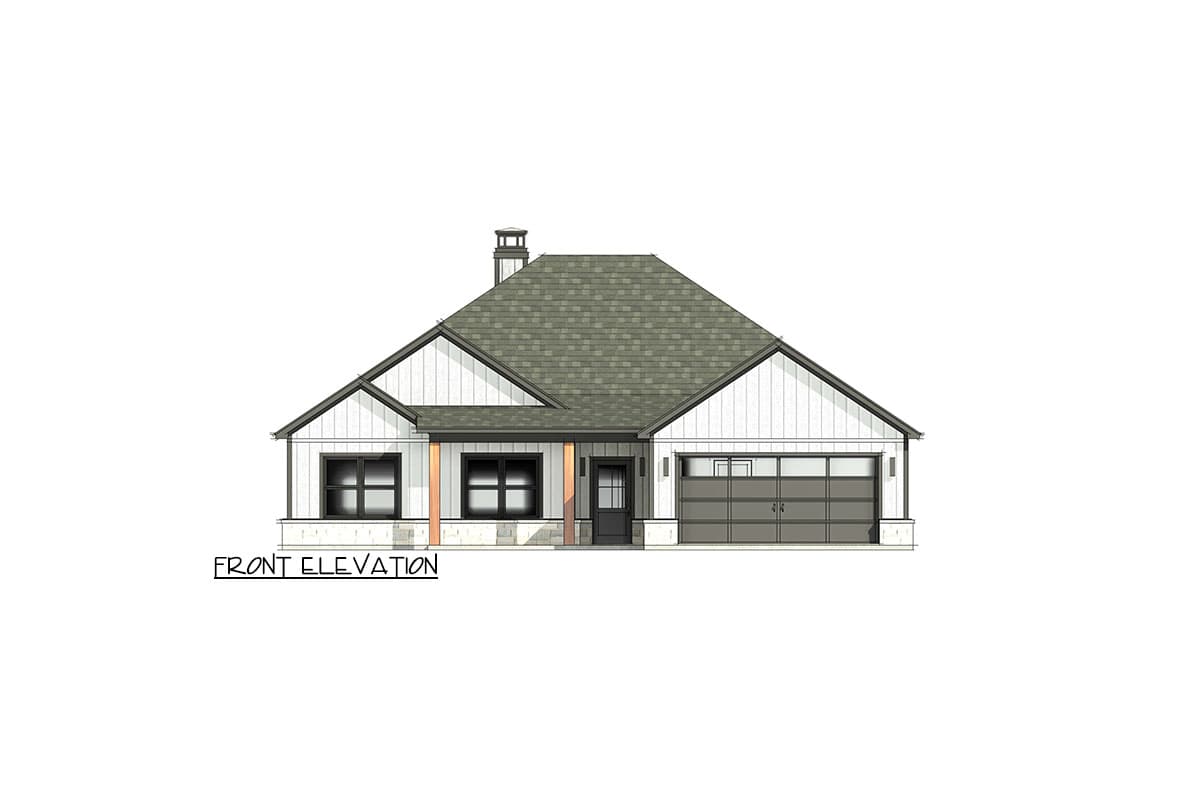 Front elevation of a one-story house plan with board-and-batten siding, gable roof, porch with wood columns, and a two-car garage.