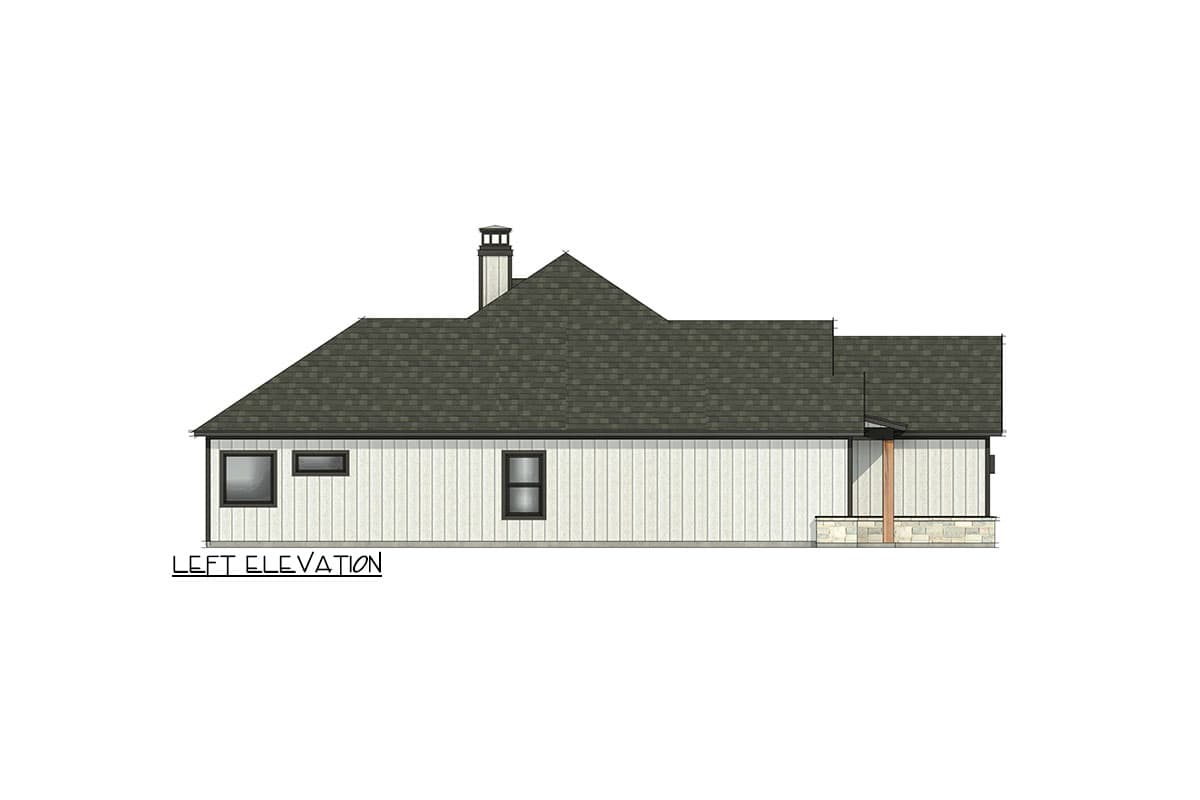 Left elevation of a one-story house plan with vertical siding, stone base, and hip roof.