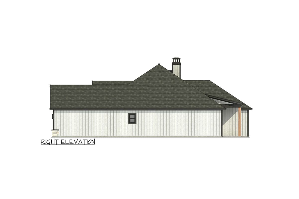 Right elevation house plan showing a single-story structure with white siding, a gabled roof, and a chimney.