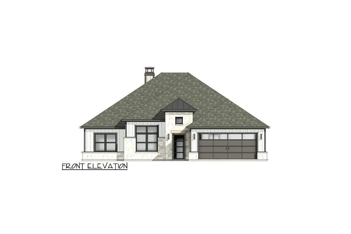Front elevation drawing of a single-story house with a pitched roof, prominent chimney, and a two-car garage.