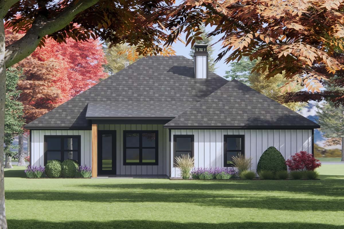 House plan exterior, one-story home with a hipped roof, central chimney, and board-and-batten siding.
