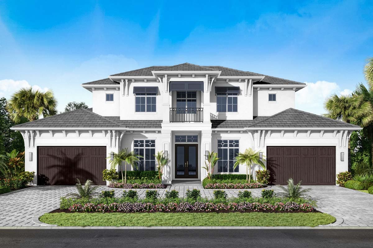 House plan exterior. Two-story home with a hip roof, dual garage, and second-floor balcony. Includes a covered front entry and multiple gables.