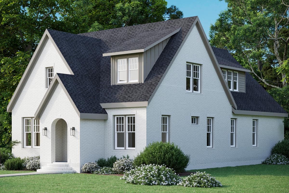 House plan exterior of a two-story brick home with gables, dormer windows, and an arched entryway.