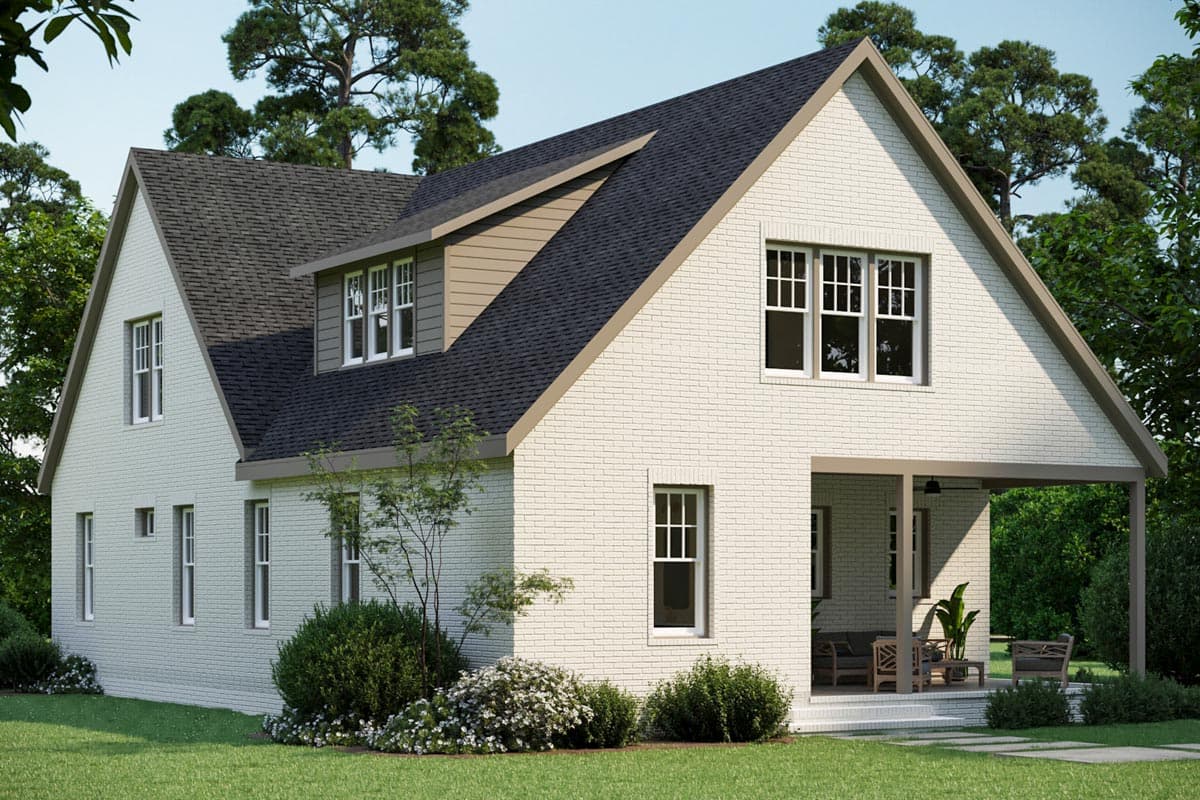 House plan exterior: two-story Modern Farmhouse with white brick, gabled dormers, and covered front porch.