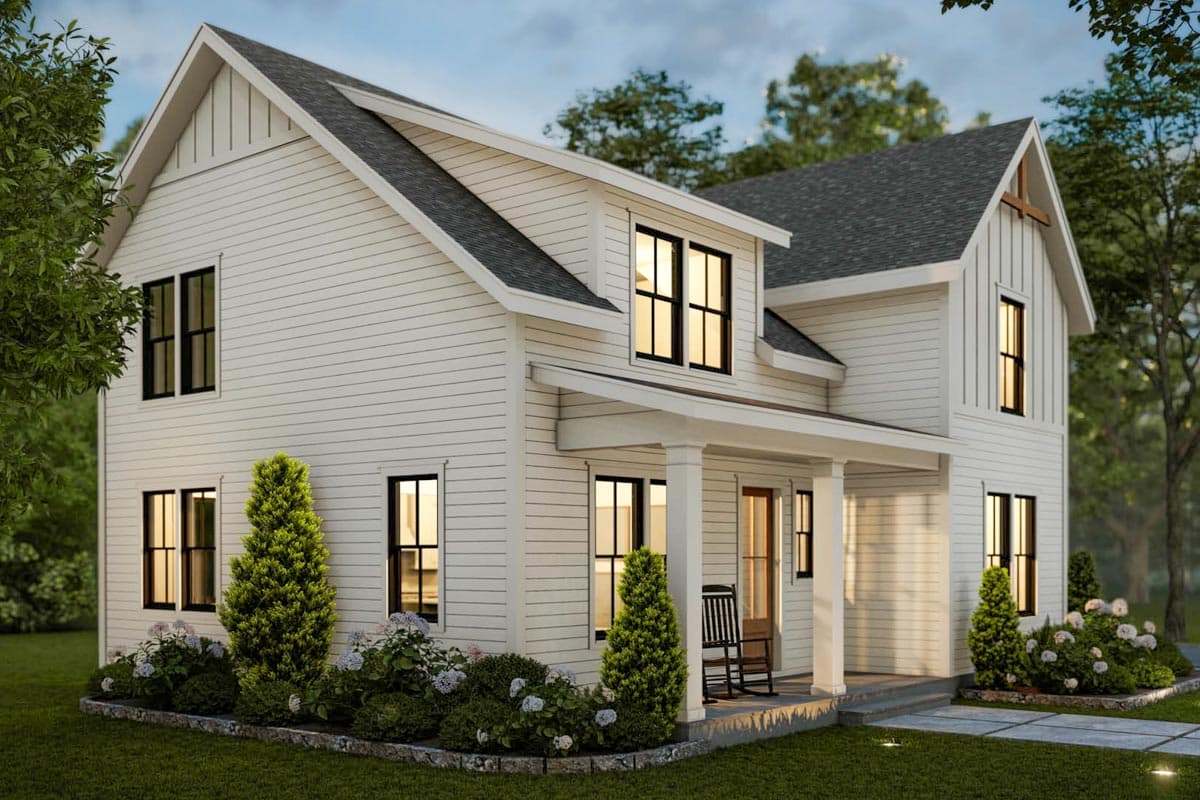 Modern farmhouse house plan exterior with a covered porch, gables, and board-and-batten siding.