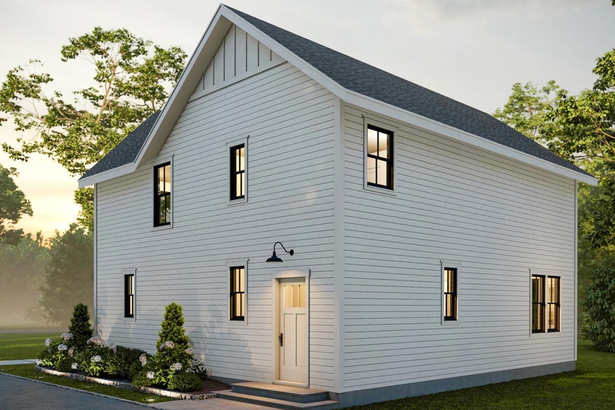 Two-story house plan exterior with horizontal siding, gable roof, and front entry door with multi-pane glass.