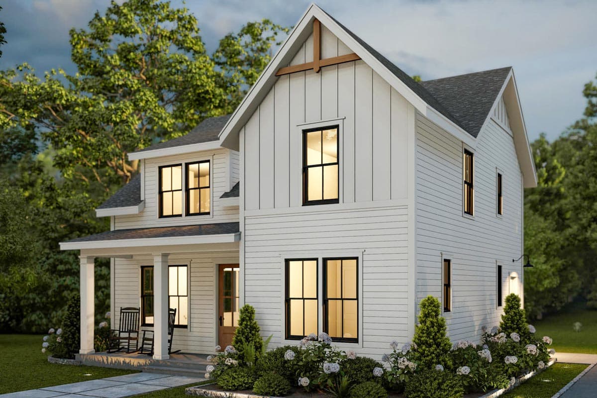 Modern Farmhouse house plan exterior, two stories, white board and batten siding, gabled roof, covered front porch with columns.