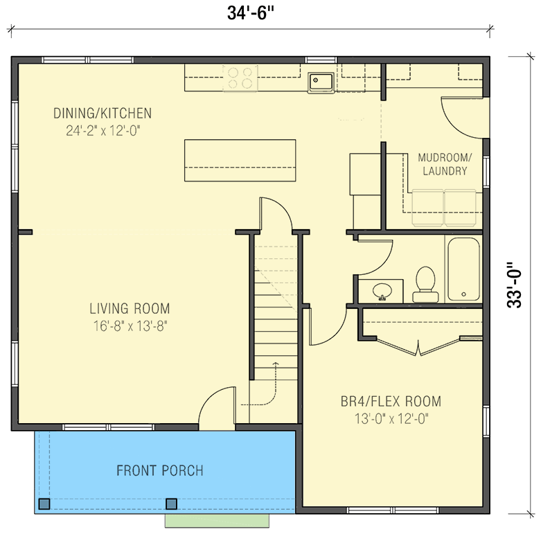 Plan 50226PH: New American House Plan with Front Porch and Flex Room - 2010 Sq Ft - Floor Plan - Main Level - Cottage, Country, Modern Farmhouse, New American, Traditional