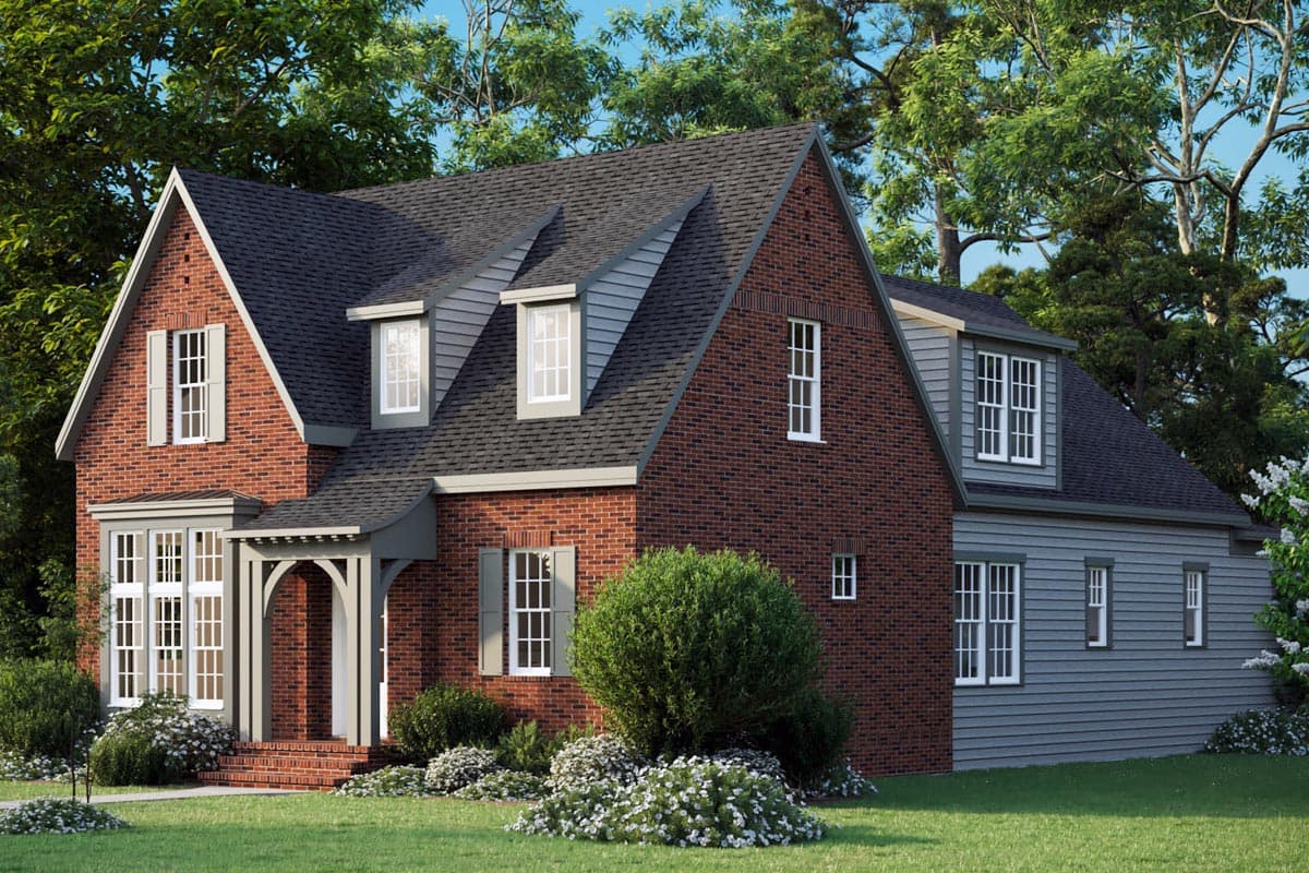 House plan exterior: Two-story brick and siding home with gabled dormers, a covered arched entryway, and multi-pane windows.