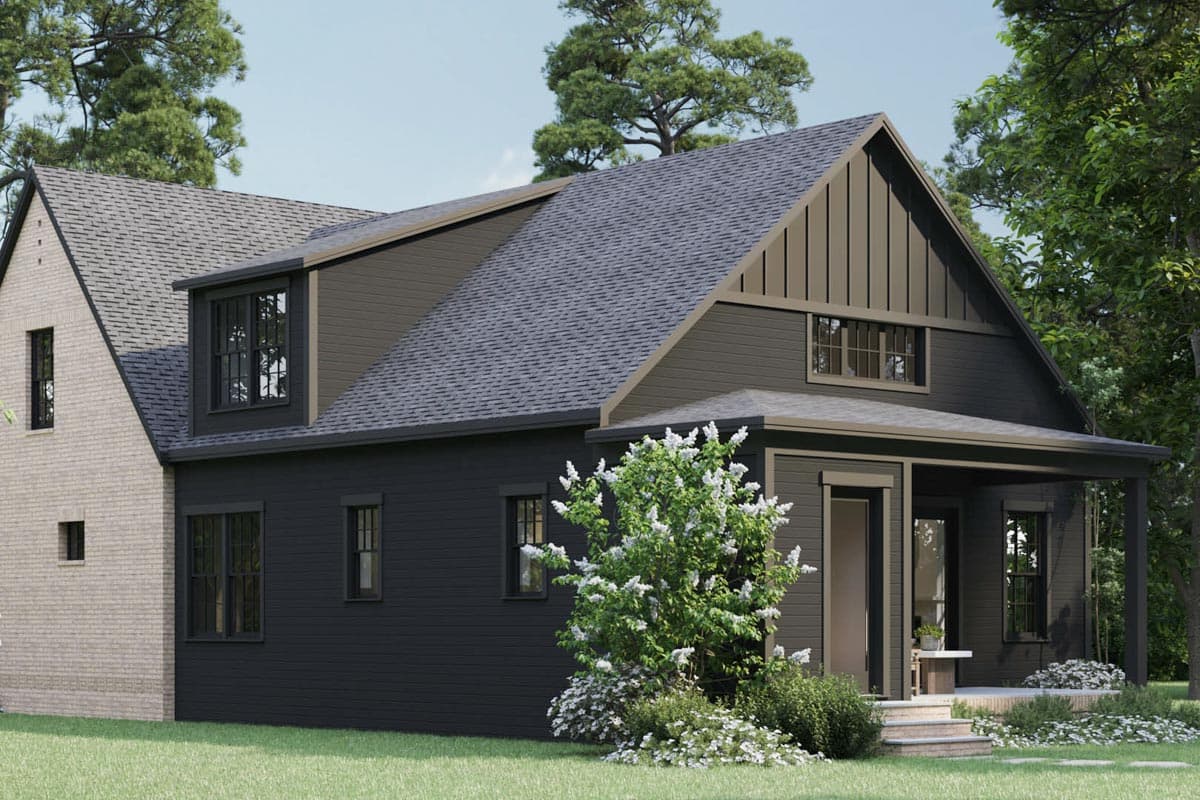 Modern Farmhouse house plan exterior with brick accents, dormer, gables, and covered porch.