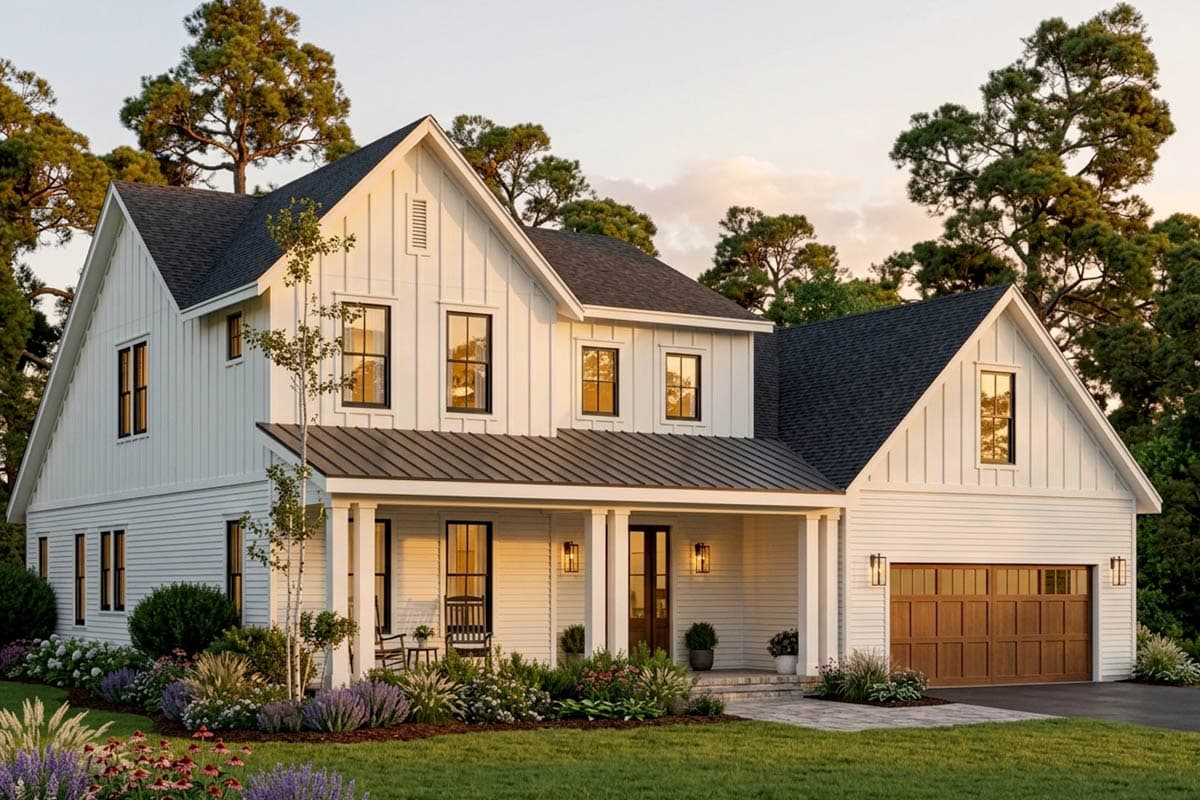 Modern Farmhouse house plan exterior with a covered front porch, gables, board and batten siding, and a side-entry garage.