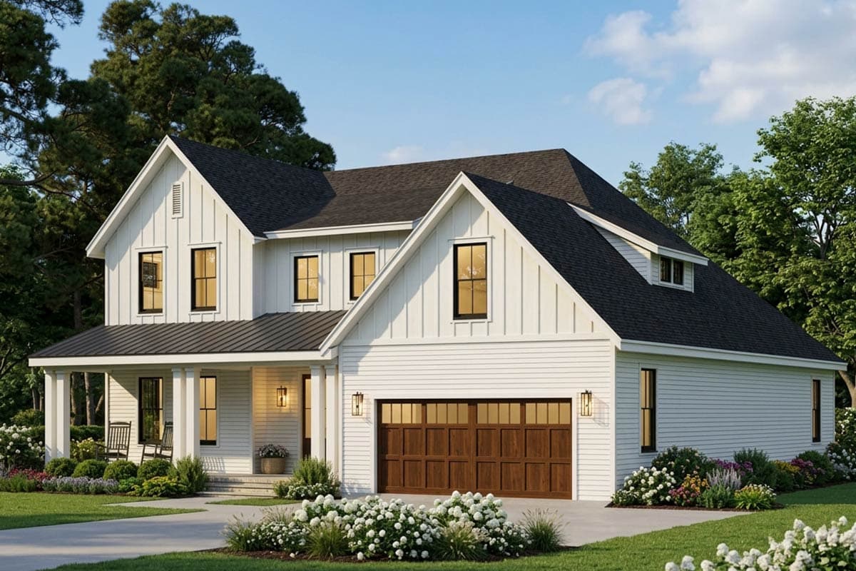 Modern Farmhouse house plan exterior, two stories, with board and batten siding, gables, porch, and attached garage.