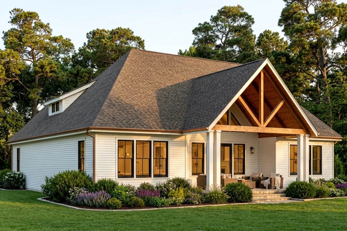House plan exterior: Ranch style, one story, with dormer, covered patio, and exposed rafter roof detail.