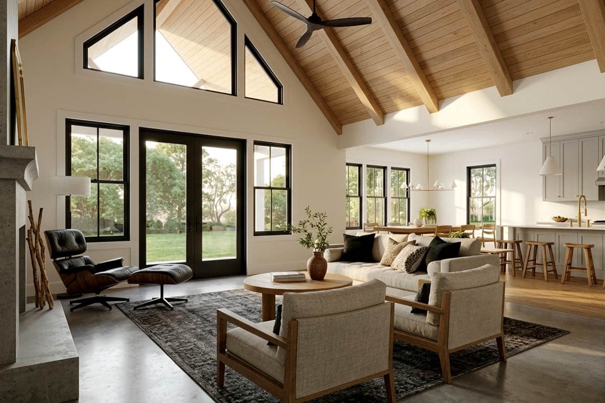 Open concept great room with vaulted ceiling, large windows, fireplace, kitchen island, and dining area.
