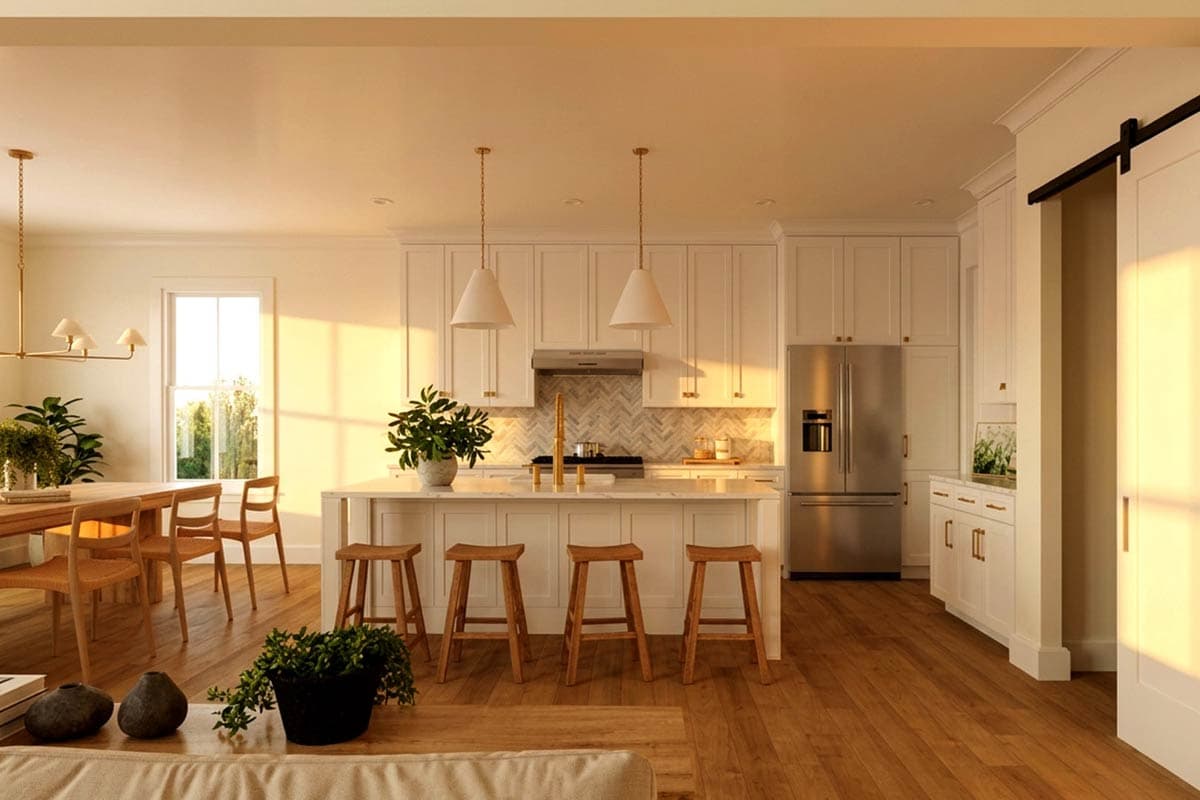Modern kitchen with white cabinets, island with seating, and open dining area. Sliding barn door visible.