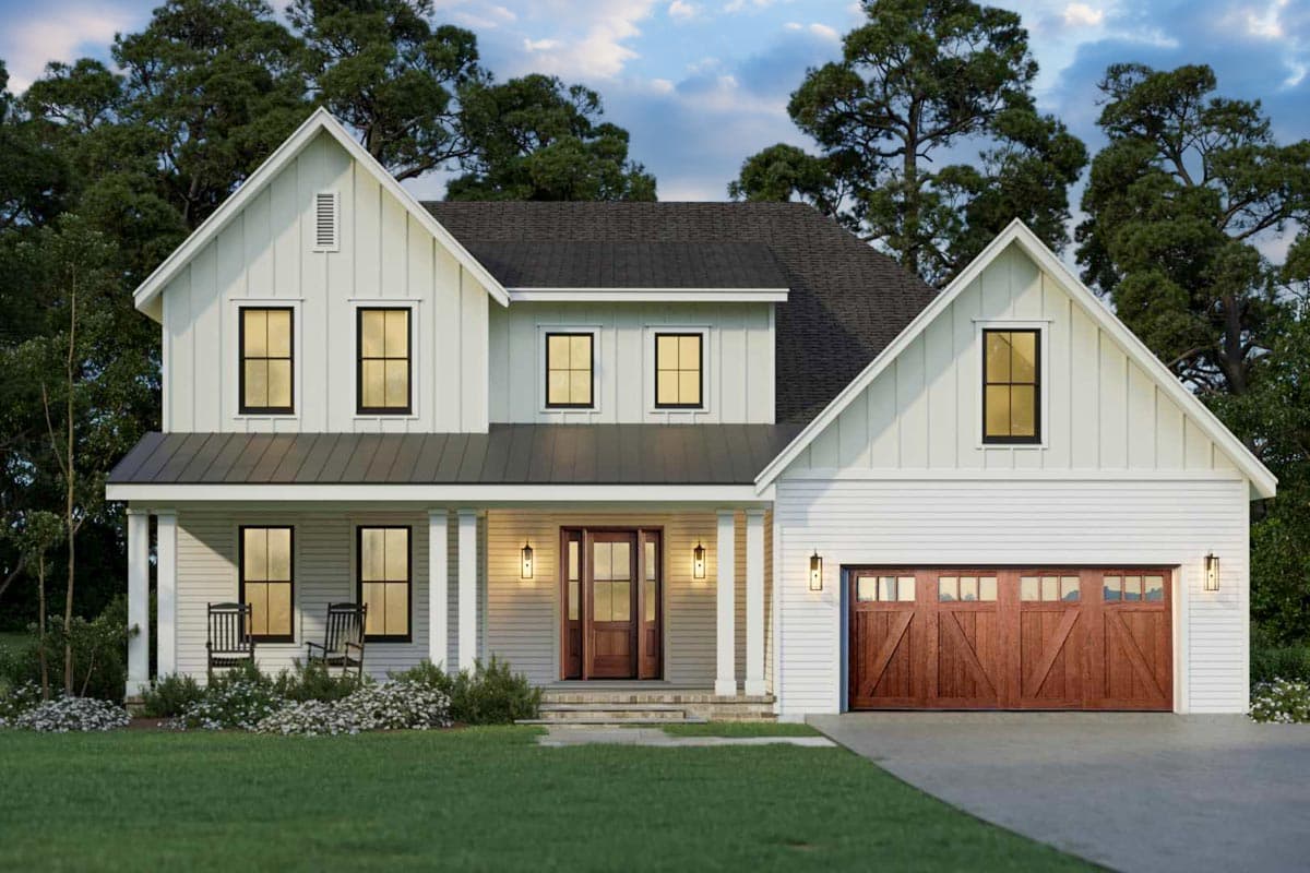 House plan exterior. Two-story Modern Farmhouse with a gabled roof, a covered front porch, and a side-entry garage.