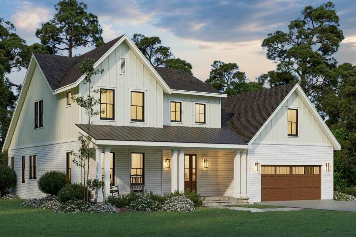 Modern Farmhouse house plan exterior with a covered front porch, gables, board and batten siding, and a side-entry garage.