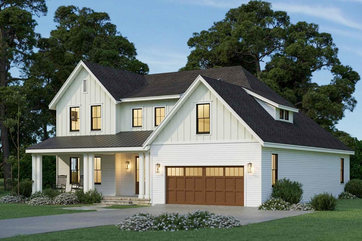 Modern Farmhouse house plan exterior, two stories, with board and batten siding, gables, porch, and attached garage.
