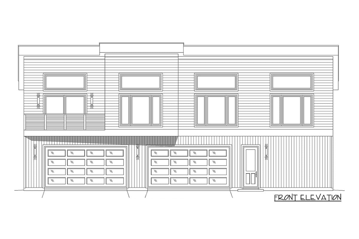 Front elevation drawing of a two-story house plan with horizontal siding, multiple windows, and two garage doors.