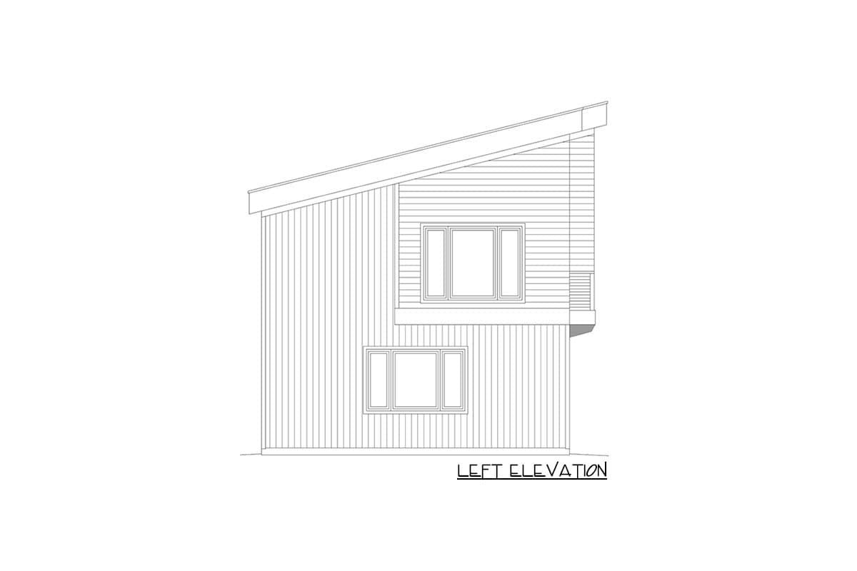 Left elevation drawing of a two-story house plan with a sloped roof and two sets of stacked windows.