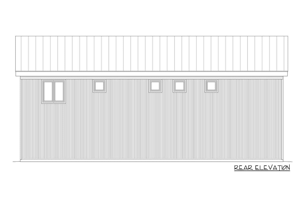 Rear elevation drawing of a house with vertical siding, a standing seam roof, and five windows.