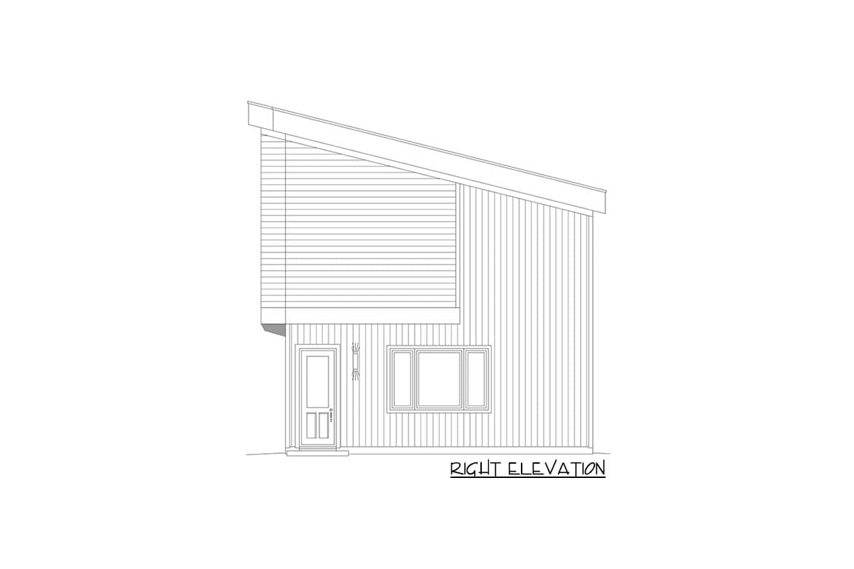 Right elevation of a house plan with a sloped roof, horizontal siding on upper level, vertical siding below, one door, and one window.