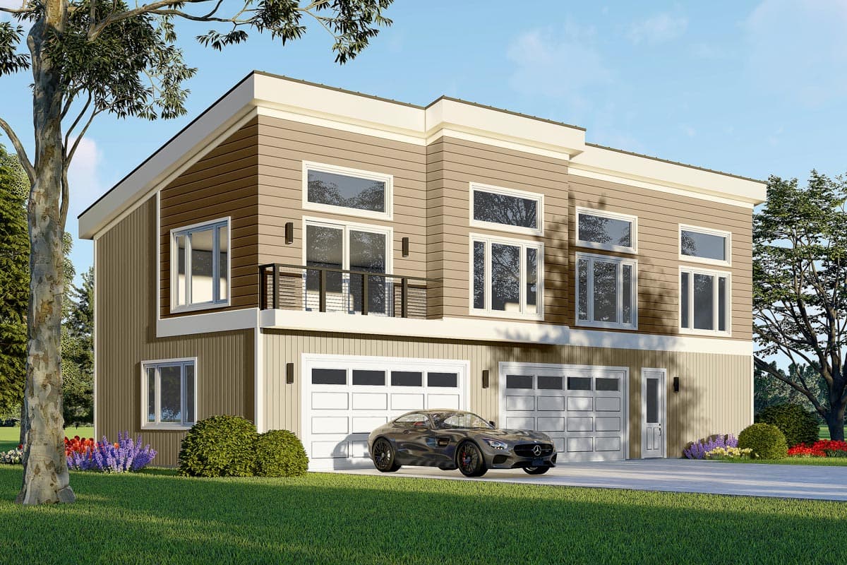 House plan exterior. Two-story modern style with horizontal siding, a balcony, and a two-car garage. Large windows and a flat roofline.