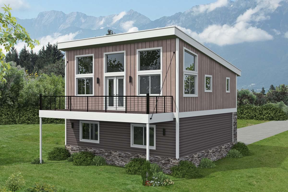 Modern house plan exterior with pitched roof, large windows, deck, and stone foundation.