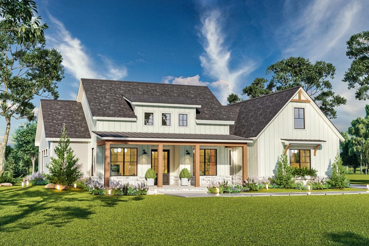 Modern Farmhouse style house plan exterior with a covered porch, stone accents, and multiple gables.