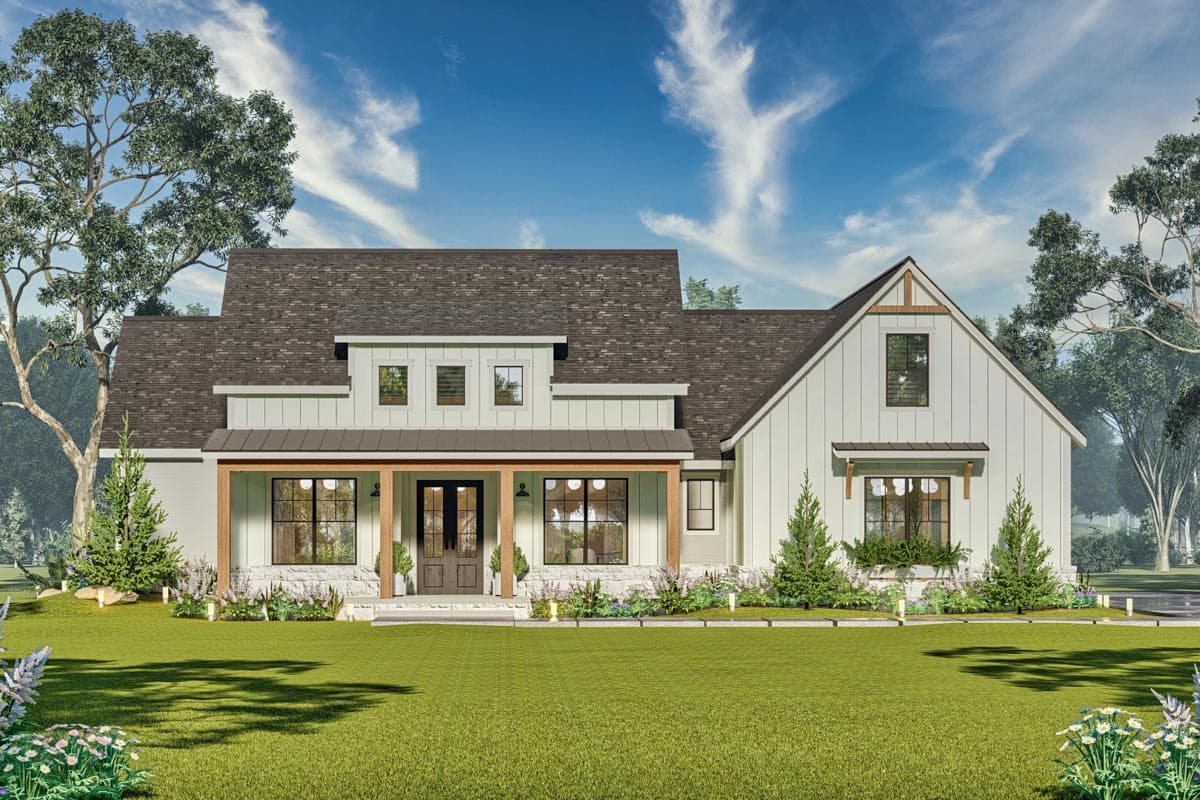 Modern Farmhouse house plan exterior with a covered front porch, stone accents, double doors, and multiple gables.