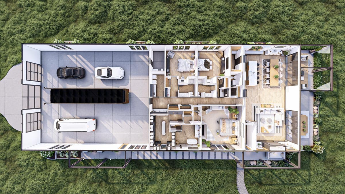 An aerial view of a modern house plan, showcasing a garage with cars, and detailed interior layout including bedrooms, dining, and living areas.