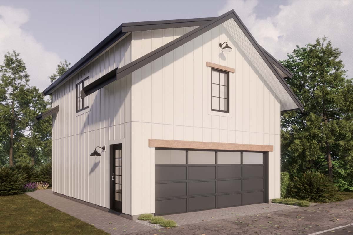 Modern Farmhouse house plan exterior: two stories, white board-and-batten siding, dark gabled roof, garage door, and entryway.