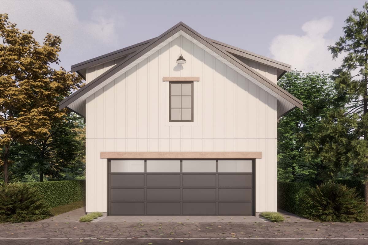 House plan exterior with board and batten siding, a gable roof, and a single-car garage. Features include a small upper window and a horizontal beam.