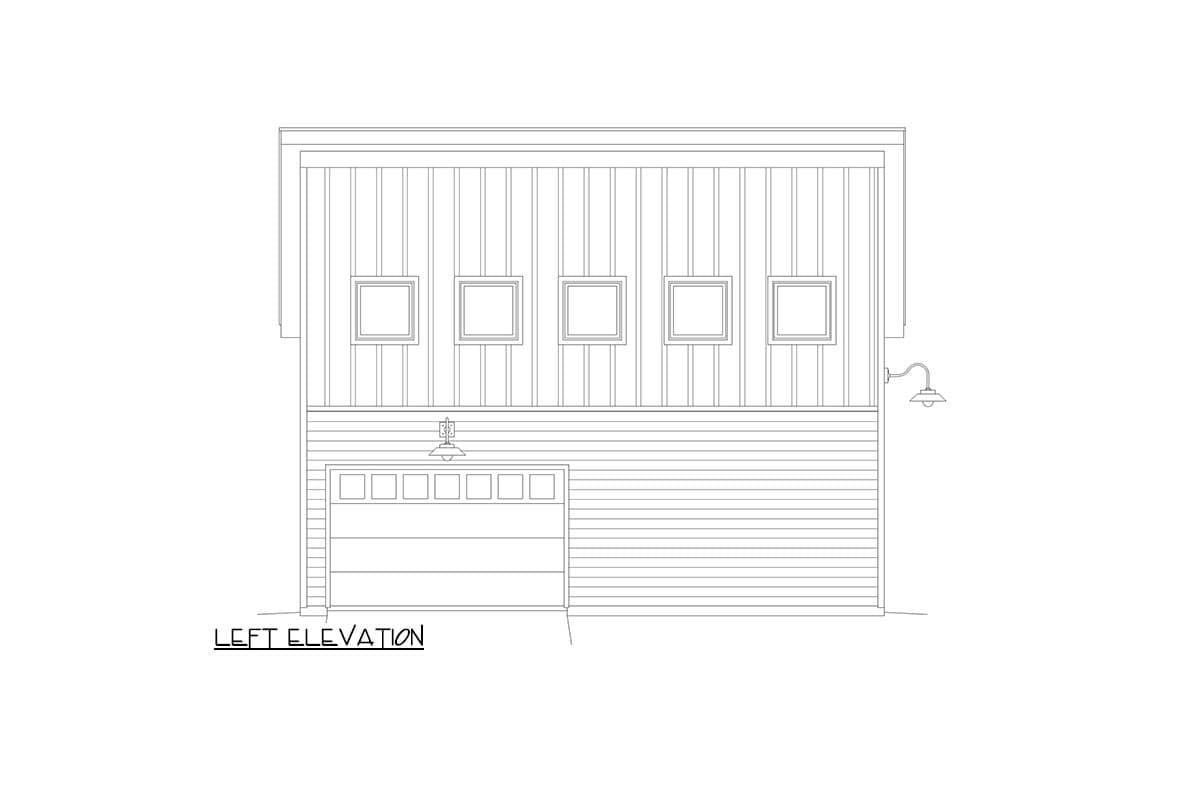 Left elevation drawing shows a garage with a sectional door, horizontal siding below, vertical siding above, and five square windows.